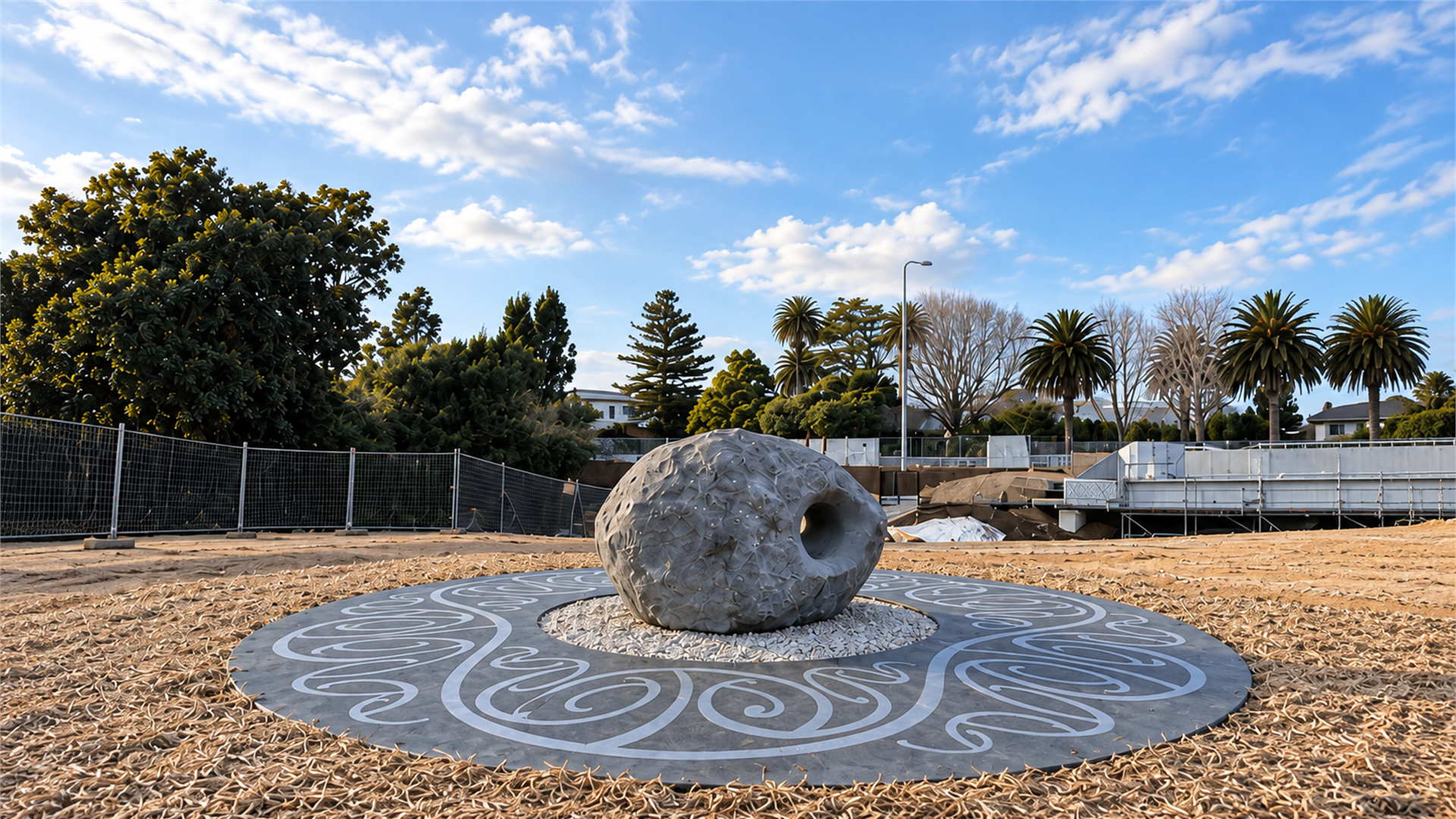 The hollowed stone ground-work: a boulder pierced by a round opening, set on a koru-engraved concrete disc under open sky