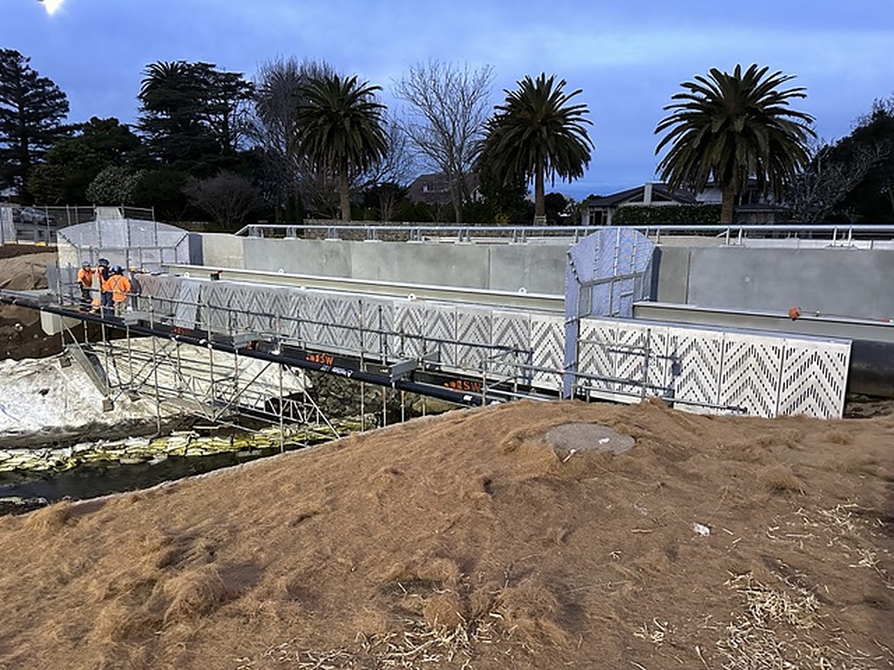 A public bridge and boardwalk work in steel and concrete, reserve and palms behind