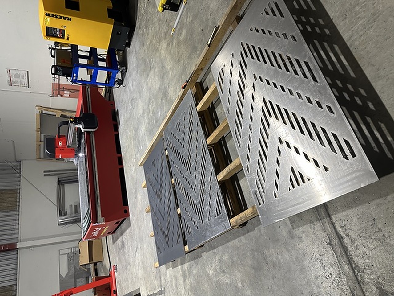 Perforated steel panels stacked before installation